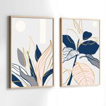 Conjunto Quadros Decorativos com Moldura Abstrato Folhas Azul Dourado Rosa Kit 2 Quadros 40x60 Decoração