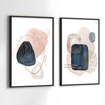 Conjunto Quadros Decorativos com Moldura Abstrato Rosê Azul Kit 2 Quadros 90x60 Decoração