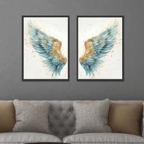 Conjunto Quadros Decorativos com Moldura Asas Azul Dourada Sala Quarto Cozinha Kit 2 Peças