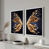 Conjunto Quadros Decorativos com Moldura Asas de Borboleta Douradas Sala Quarto Cozinha Kit 2 Peças