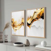 Conjunto Quadros Decorativos com Moldura Branco e Dourado Abstratao Sala Quarto Cozinha Kit 2 Peças