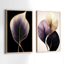 Conjunto Quadros Decorativos com Moldura Floral Roxoe Dourado Folhas Luxo Kit 2 Quadros 30x40 Decoração