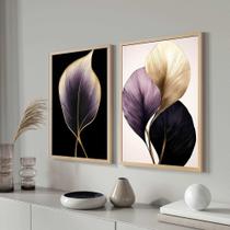 Conjunto Quadros Decorativos com Moldura Floral Roxoe Dourado Folhas Luxo Sala Quarto Cozinha Kit 2 Peças Conjunto Quadros Decorativos com Moldura Floral Roxoe Dourado Folhas Luxo Sala Quarto Cozinha Kit 2 Peças