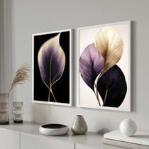 Conjunto Quadros Decorativos com Moldura Floral Roxoe Dourado Folhas Luxo Sala Quarto Cozinha Kit 2 Peças Conjunto Quadros Decorativos com Moldura Floral Roxoe Dourado Folhas Luxo Sala Quarto Cozinha Kit 2 Peças