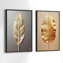 Conjunto Quadros Decorativos com Moldura Folha Dourada e Prata Abstrato Kit 2 Quadros 90x60 Decoração