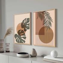 Conjunto Quadros Decorativos com Moldura Folhas Abstrato Marrom Verde Sala Quarto Cozinha Kit 2 Peças