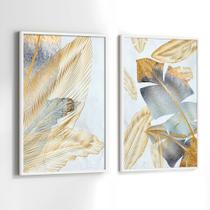 Conjunto Quadros Decorativos com Moldura Folhas Azul Verde Dourada Kit 2 Quadros 130x90 Decoração