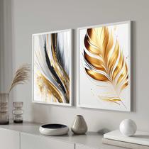 Conjunto Quadros Decorativos com Moldura Folhas Gold Abstrato Sala Quarto Cozinha Kit 2 Peças