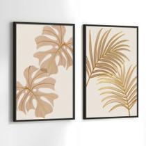 Conjunto Quadros Decorativos com Moldura Folhas Marrom Bege Dourada Kit 2 Quadros 90x60 Decoração Conjunto Quadros Decorativos com Moldura Folhas Marrom Bege Dourada Kit 2 Quadros 90x60 Decoração