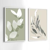 Conjunto Quadros Decorativos com Moldura Folhas Tons Verde e Bege Kit 2 Quadros 130x90 Decoração
