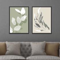 Conjunto Quadros Decorativos com Moldura Folhas Tons Verde e Bege Kit 2 Quadros 90x60 Decoração