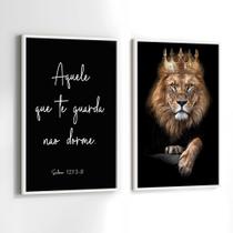 Conjunto Quadros Decorativos com Moldura Leão de Judá Aquele que te Guarda Kit 2 Quadros 40x60 Decoração