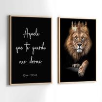 Conjunto Quadros Decorativos com Moldura Leão de Judá Aquele que te Guarda Kit 2 Quadros 40x60 Decoração