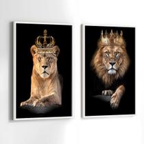 Conjunto Quadros Decorativos com Moldura Leão e Leoa Família Coroa Kit 2 Quadros 130x90 Decoração