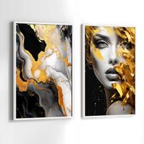 Conjunto Quadros Decorativos com Moldura Mulher Dourada Abstrato Salão Kit 2 Quadros 30x40 Decoração Conjunto Quadros Decorativos com Moldura Mulher Dourada Abstrato Salão Kit 2 Quadros 30x40 Decoração