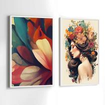 Conjunto Quadros Decorativos com Moldura Mulher Flores na Cabeça Kit 2 Quadros 30x40 Decoração