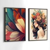 Conjunto Quadros Decorativos com Moldura Mulher Flores na Cabeça Kit 2 Quadros 90x60 Decoração Conjunto Quadros Decorativos com Moldura Mulher Flores na Cabeça Kit 2 Quadros 90x60 Decoração