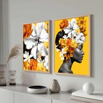 Conjunto Quadros Decorativos com Moldura Mulher Flores na Cabeça laranja Amarelo Sala Quarto Cozinha Kit 2 Peças