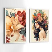 Conjunto Quadros Decorativos com Moldura Mulher Flores na Cabeça Moderno Kit 2 Quadros 90x60 Decoração