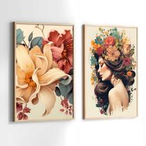 Conjunto Quadros Decorativos com Moldura Mulher Flores na Cabeça Moderno Kit 2 Quadros 90x60 Decoração Conjunto Quadros Decorativos com Moldura Mulher Flores na Cabeça Moderno Kit 2 Quadros 90x60 Decoração