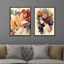 Conjunto Quadros Decorativos com Moldura Mulher Flores na Cabeça Moderno Sala Quarto Cozinha Kit 2 Peças Conjunto Quadros Decorativos com Moldura Mulher Flores na Cabeça Moderno Sala Quarto Cozinha Kit 2 Peças