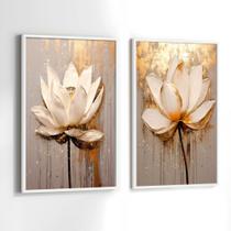Conjunto Quadros Decorativos com Moldura Rosas Branca e Dourada Pintura Arte Kit 2 Quadros 90x60 Decoração