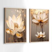 Conjunto Quadros Decorativos com Moldura Rosas Branca e Dourada Pintura Kit 2 Quadros 40x60 Decoração