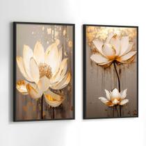 Conjunto Quadros Decorativos com Moldura Rosas Branca e Dourada Pintura Kit 2 Quadros 40x60 Decoração Conjunto Quadros Decorativos com Moldura Rosas Branca e Dourada Pintura Kit 2 Quadros 40x60 Decoração
