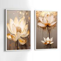 Conjunto Quadros Decorativos com Moldura Rosas Branca e Dourada Pintura Kit 2 Quadros 90x60 Decoração