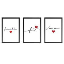 Conjunto Quadros Decorativos Fé Amor Família Com Vidro A4