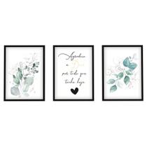 Conjunto Quadros Decorativos Folhagem Moldura e Vidro Frase Motivacional Sala Quarto - Líder Molduras