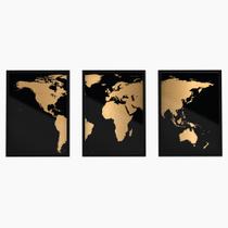 Conjunto Quadros Decorativos Mapa Mundi Com Moldura Vidro Preto Dourado Para Sala Quarto