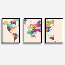 Conjunto Quadros Mapa Mundi Colorido Com Moldura e Vidro