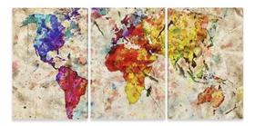 conjunto quadros Mapa Mundi Cores Abstrato"