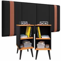Conjunto Quarto 2 Mesa Criado Cabeceira Parise Cama Casal Acabamento Brilhante Preto / Cinamomo