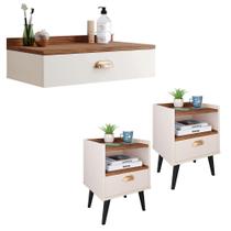 Conjunto Quarto 2 Mesas Cabeceira Retrô Mesinha Lateral Cama E Penteadeira Suspensa Organizadora Decoração Ambiente Off White/Freijó - RPM Móveis