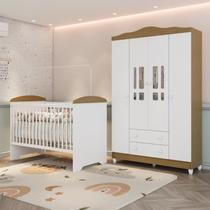Conjunto Quarto Bebê Berço 3em1 Eloá Guarda Roupa 4 Portas 100% Mdf Branco com Bétula