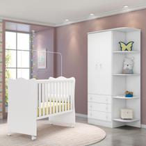 Conjunto Quarto Bebê Doce Sonho Branco: Guarda-Roupa 2 Portas com Cantoneira Acoplada e Berço com 3 Regulagens Altura - Qmovi