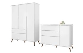 Conjunto Quarto Bebê Retrô Ana Vitória: Guarda-Roupa 3 Portas e Cômoda MDF Branco Acetinado