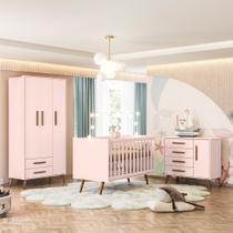 Conjunto Quarto Bebê Retrô Com Berço, Cômoda e Guarda Roupas