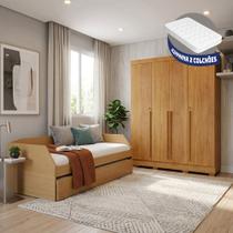 Conjunto Quarto Bicama Duo com Cama Auxiliar + Guarda-roupa Domus Max com 2 Colchões - Amêndoa/cedro Conjunto Quarto Bicama Duo com Cama Auxiliar + Guarda-roupa Domus Max com 2 Colchões - Amêndoa/cedro