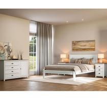 Conjunto Quarto Branco Topázio: Cama Casal, Cômoda Sapateira e 2 Mesas de Cabeceiras Madeira Pinus