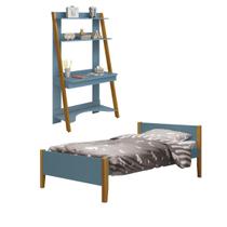 Conjunto Quarto Cama Solteiro e Escrivaninha/ Estante Simba com Pés em Madeira Azul Fosco - Reller