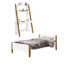 Conjunto Quarto Cama Solteiro e Escrivaninha/ Estante Simba com Pés em Madeira Branco Fosco - Reller