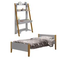 Conjunto Quarto Cama Solteiro e Escrivaninha/ Estante Simba com Pés em Madeira Cinza Fosco - Reller