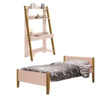 Conjunto Quarto Cama Solteiro e Escrivaninha/ Estante Simba com Pés em Madeira Rosa Fosco - Reller