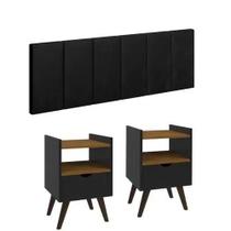 Conjunto Quarto Casal 2 Mesas De Cabeceira Retrô Alice e 1 Cabeceira Para Cama 1,40- Preto Conjunto Quarto Casal 2 Mesas De Cabeceira Retrô Alice e 1 Cabeceira Para Cama 1,40- Preto