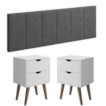 Conjunto Quarto Casal Cabeceira 1.40cm Cinza E 2 Mesas De Cabeceira Madri - Branco