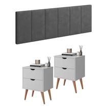 Conjunto Quarto Casal Cabeceira 1,40 Cinza E 2 Mesas De Cabeceira Madri - Branco