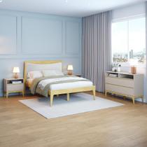 Conjunto Quarto Casal Cabeceira Estofada 2 Mesas de Cabeceira e Cômoda 4 Gavetas Bento Yescasa